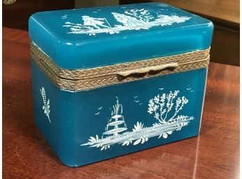 Paid $1450 Incredible Antique French Mary Gregory Style Blue Opaline Lidded Box - Circa 1870 - Amazing Piece