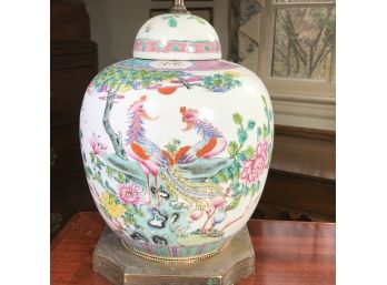 Wonderful Antique Asian Pottery Ginger Jar / Lidded Urn Mounted As Lamp - Very Pretty Piece - Lovely Colors