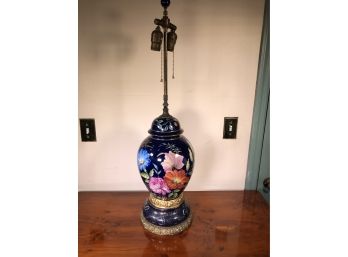 Fantastic VERY Large Porcelain Lamp - Cobalt Blue Background With Vibrant Hand Painted Flowers - Very Nice !
