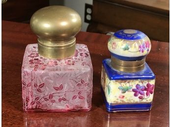 Two Antique Inkwells - Both French - Reddish / Pink Heavily Etched The Other All Hand Painted - WOW - Nice !