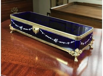 Spectacular Antique French Long Dresser Box - Very Large Cobalt Blue With Delicate Hand Painted Details WOW !