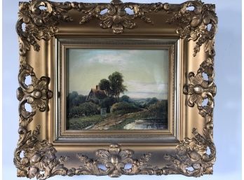 Lovely Antique Oil On Canvas Painting - Scene With Cottage - Signed E COLE In Very Pretty & Ornate Gilt Frame