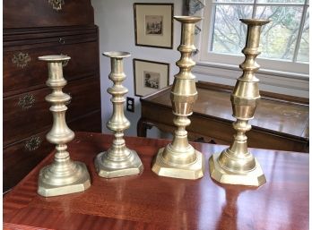 Two Pairs Of Antique Brass Beehive Pushup Candlesticks - Large Size - Largest Is Over 14' Tall - NICE LOT !