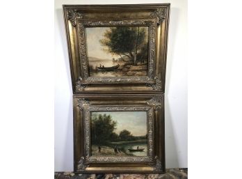 Two (2) New / Decorative Paintings - Compatible Pair - People & Boats - Lovely Vintage Look - Not Vintage