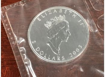 Sealed 2003 QUEEN ELIZABETH 5 Dollar Coin / Canadian Maple Leaf 2003 - One Ounce Pure Silver - Never Opened
