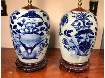 Fantastic Pair Of Antique Ginger Jar Lamps - Blue & White Porcelain - Beautiful Bold Colors - Very Nice Pair