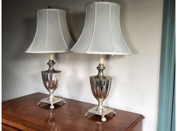 Pair Fabulous Vintage Pair Of Silver Plated Urn Lamps - Fantastic Look - With Shades & Finials - NICE PAIR !