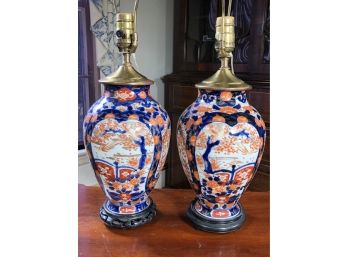 Two Antique Chinese ? Japanese ? Imari Vases Mounted As Lamps - Compatible Pair - Very Close But Not Matching