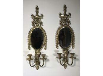 Pair Of Lovely Large All Brass / Mirrored Wall Sconces - Very Good Quality - Quite Heavy - Very Nice Details