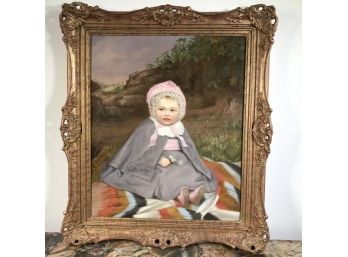 Adorable Antique Oil On Canvas Painting Of Baby With Flowers - Relined / Cleaned - Nice Gold Gilt Frame