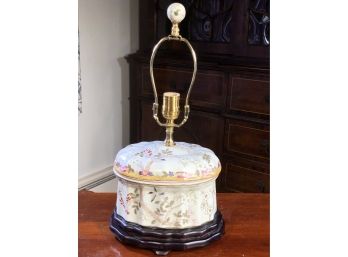 Decorative Porcelain Covered Box Mounted As Lamp - Modern Decorator Piece - Wood Base Matching Finial