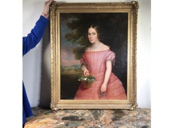 Very Large Antique Oil On Canvas Of Young Girl In Pink Dress With Flower Basket - Unsigned - VERY WELL DONE