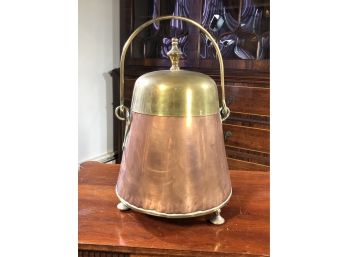 Fabulous Antique Dutch Copper & Brass Doofpot / Embers Bucket For Fireplace With Feet & Bail Swing Handle (B)