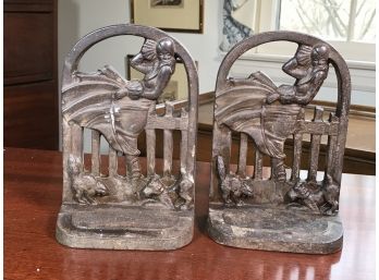 Wonderful Pair Of Antique Art Deco Book Ends - MARCH GIRL #601 - Fairly Rare - Lady With Dog & Cat ! NICE !