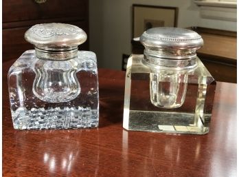 Paid $695 For Smaller - Two Large Antique Victorian Sterling Silver Lidded Inkwells - Large And Impressive