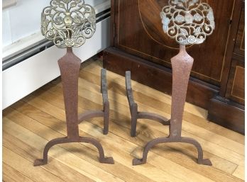 Fabulous Large Pair Of English Arts & Crafts Andirons With Ornate Hand Done Brass Foliate Tops - VERY NICE !