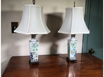 Two Small Vintage ? Antique ? Asian Square Vases Mounted As Lamps - Nice Pieces With Shades & Finials