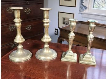 Two Pairs Of Fantastic Antique Brass Candlesticks - Large Size - Largest Is Over 9' Tall - NICE LOT !