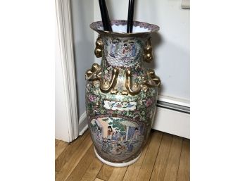 Huge Vintage Asian Style Floor Vase - Very Nice Piece - Antique Look - All Hand Painted - Gold Accents