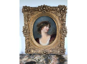 Fabulous Antique Oil On Canvas Oval Painting In Super Ornate Gold Gilt Frame - Amazing Antique Painting