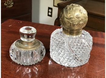 Two Wonderful Antique Perfume / Scent Bottles Repousse Brass Tops - Lovely Cut Crystal - Great Display Items