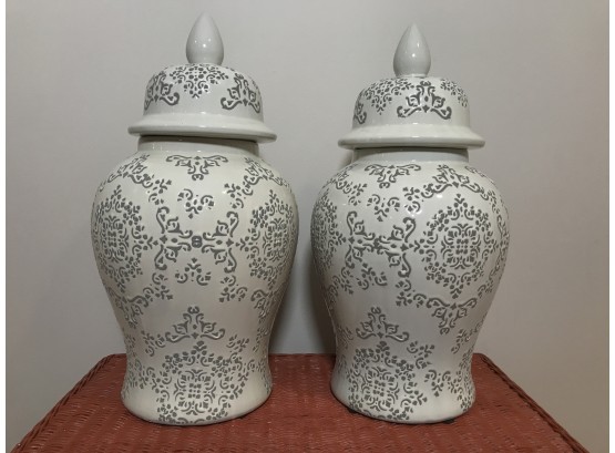 Pair Of Large Ceramic Ginger Jars - 21'H - Grey And White