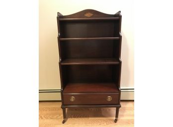 Madison Square Sheraton Style Mahogany Bookshelf With Marquetry Shell Inlay - On Wheels With Drawer