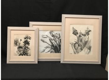 Trio Of Floral Framed Art - Two Signed Charcoal And Ink