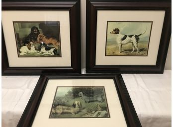Trio Of Dog Themed Reproduction Prints In Wooden Frames - Foxhound, Skye Terriers, Toy Spaniels