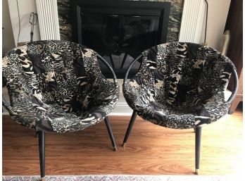 Pair Of Vintage Round Hoop Bucket Chairs With Animal Print Upholstery & Brass Feet