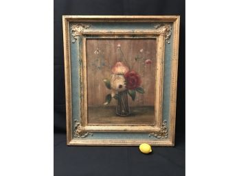 Signed Floral Still Life Oil On Canvas Painting With Elaborate Wooden Frame