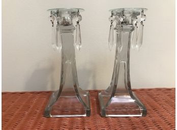 Pair Of Vintage Etched Glass Candlesticks With Dangle Crystal Spear Prism Accents