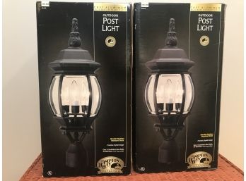 Two Hampton Bay Outdoor Post Lights - Cast Aluminum Beveled Glass Accents - NEW IN BOXES