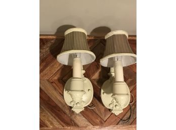 Vintage Pair Of Matching Wall Sconces With Silk Shades And Metal Base