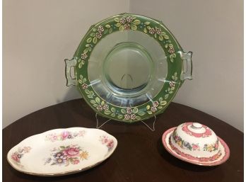 Antique Depression Glass Hand Painted Plate, Crown Staffordshire & Queen's China Pieces