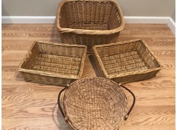 4PC Large Basket Set - 3 Oversized Wicker Plus One Wooden Basket