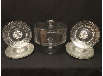 Covered Footed Cake Dish And 11 Cut Glass Plates
