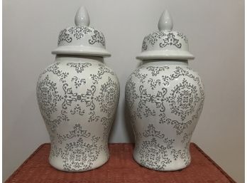 Pair Of Large Ceramic Ginger Jars - 21'H - Grey And White