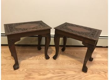 Pair Of Circa 1930's Petite Wooden Benches With Carved Accents - 15.5'L X 15.5'H