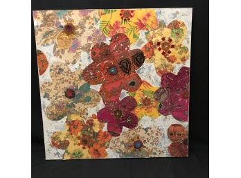 Cynthia Rowley Flower Power Oil On Canvas - Bejeweled & Sequin Accents - NEW 32' Square