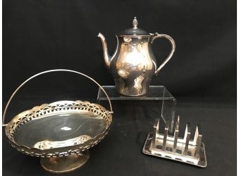 3pc Silver Plate Collection - William Rogers Coffeepot And Napkin Holder With Handled Bowl