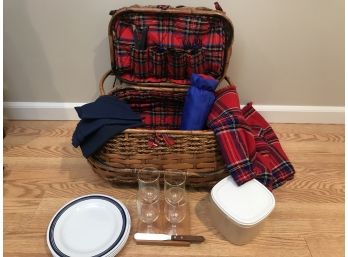 Its Picnic Time! Fully Stocked Handled Picnic Basket - Utensils, Glasses, Blanket - Ready To Go!