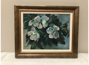 Vintage Signed Oil On Board Floral Painting In Gold Tone Wood Frame - Signed Lower Left