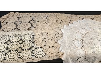 4 Piece Set Vintage Hand Crocheted Table And Dresser Scarves And Doilys