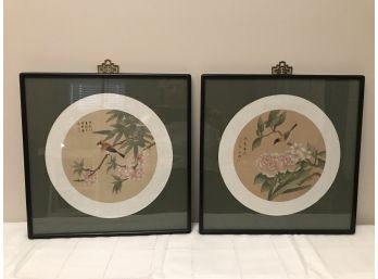 Pair Of Chinoisserie Bird And Floral Silk Screened Print Framed And Signed