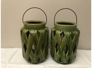 Pair Of Ribbon Lattice Lanterns With Metal Handles - 12'H X 8'D