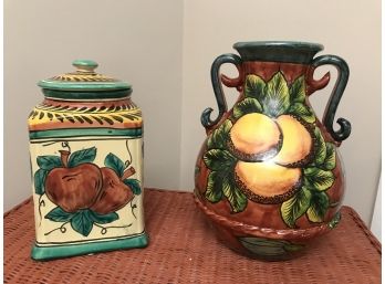 2 Pieces Of Handpainted Mexican Decorative Art Pottery  - Casal And Alba Handle Jug And Covered Canister