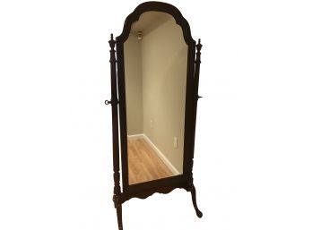 Arched Full Length Standing Mirror - Dark Wood With Beveled Glass, Brass Knobs
