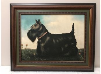 Black Scottish Terrier In Landscape - Oil On Canvas Signed Paul Stagg - Wood Frame With Plaid Accent