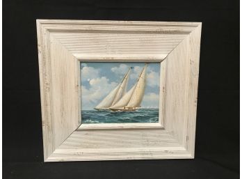 Twin Sails Oil On Canvas With A Rustic Wooden Frame - Signed
